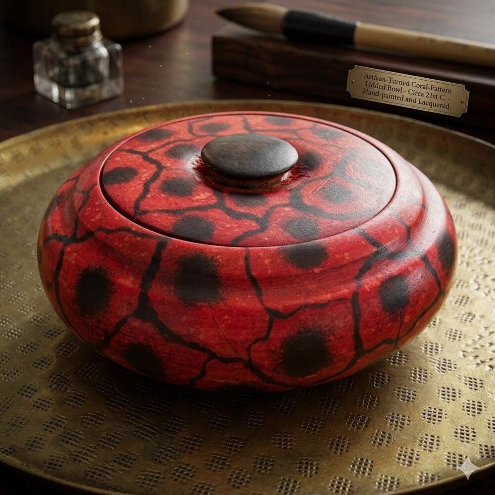 Vintage 1970s Turned Wood Lidded Bowl Red Black Abstract Boho Trinket Box